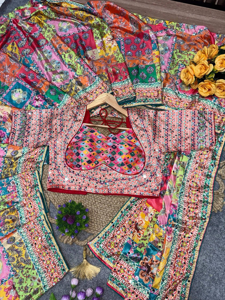 Beautiful Digital printed work & Real mirror work Party Wear Saree