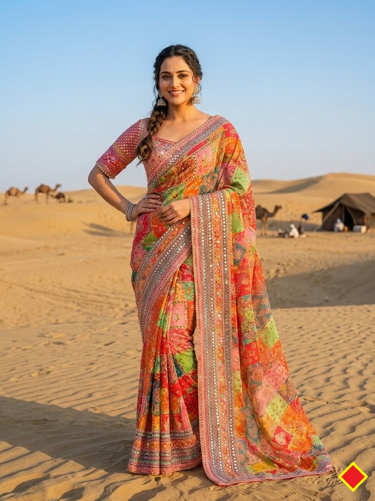Beautiful Digital printed work & Real mirror work Party Wear Saree