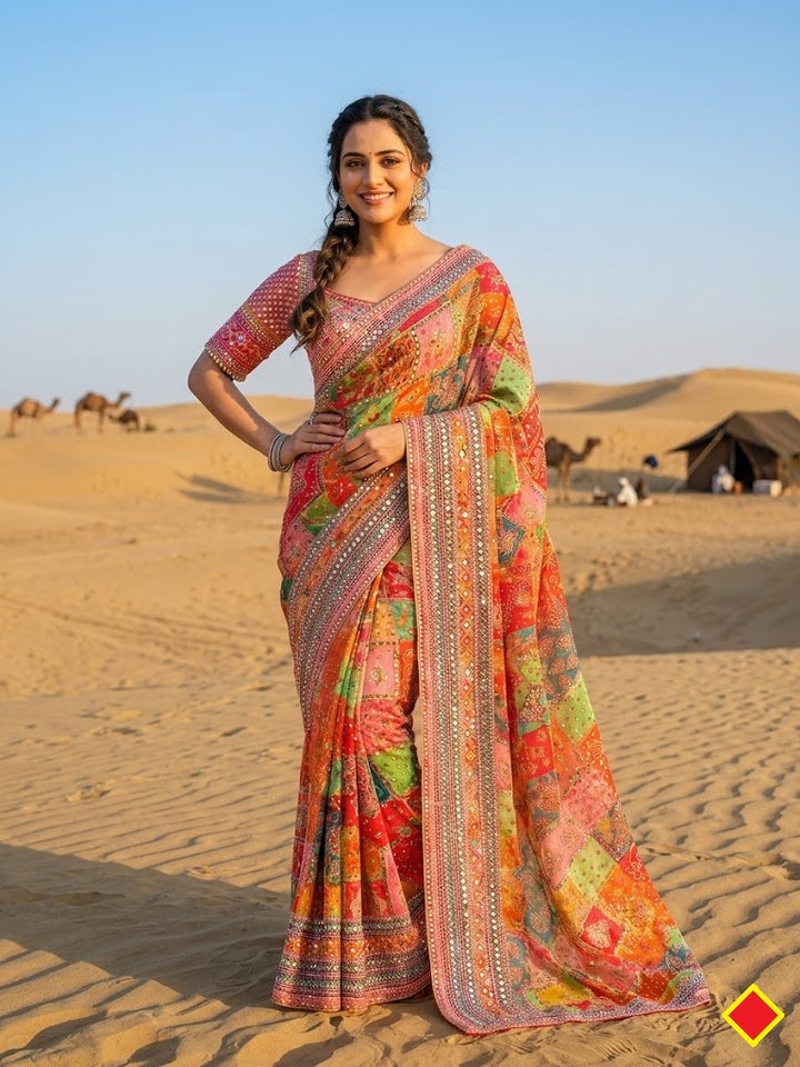 Beautiful Digital printed work & Real mirror work Party Wear Saree