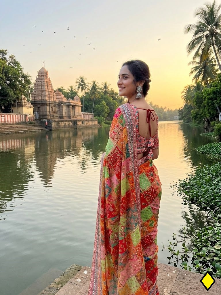 Beautiful Digital printed work & Real mirror work Party Wear Saree
