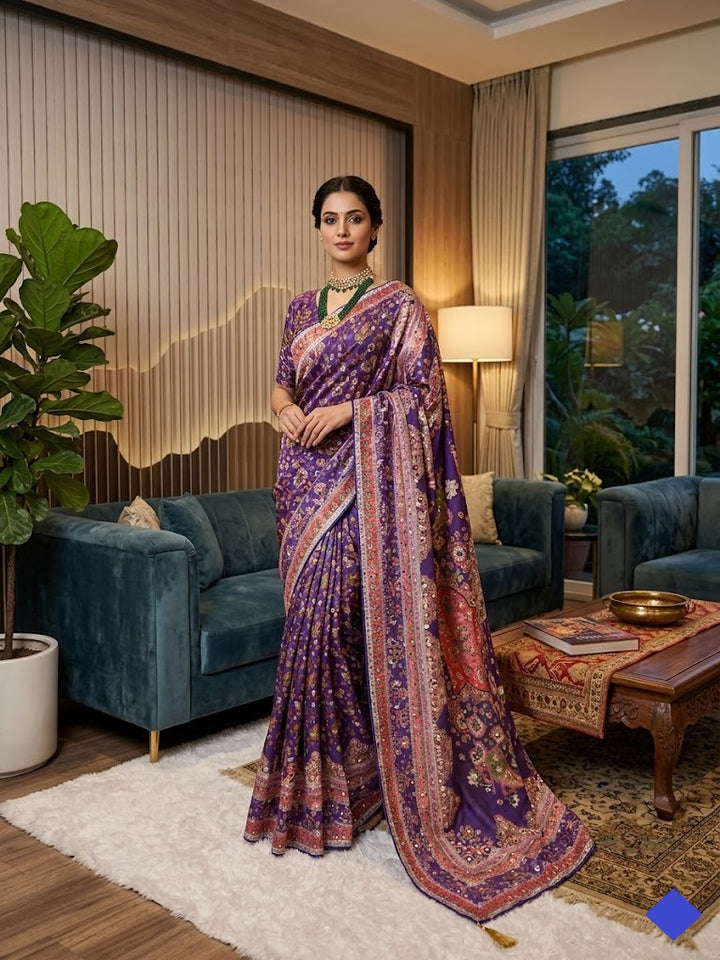 Designer Chinon Silk Saree with Piping Border, Latkan Tassels & Authentic Mirror Work