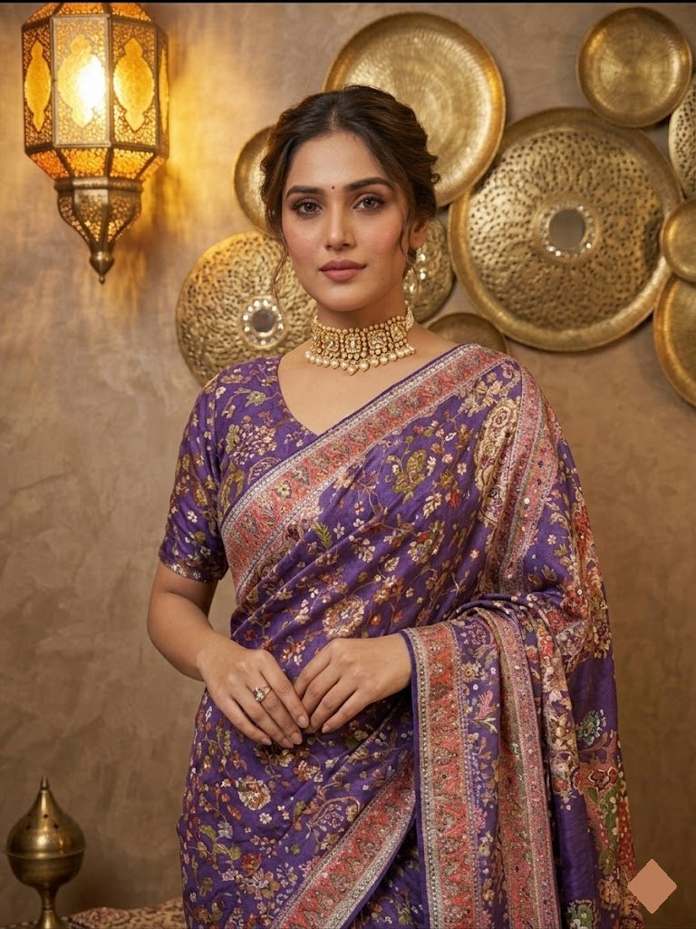 Designer Chinon Silk Saree with Piping Border, Latkan Tassels & Authentic Mirror Work