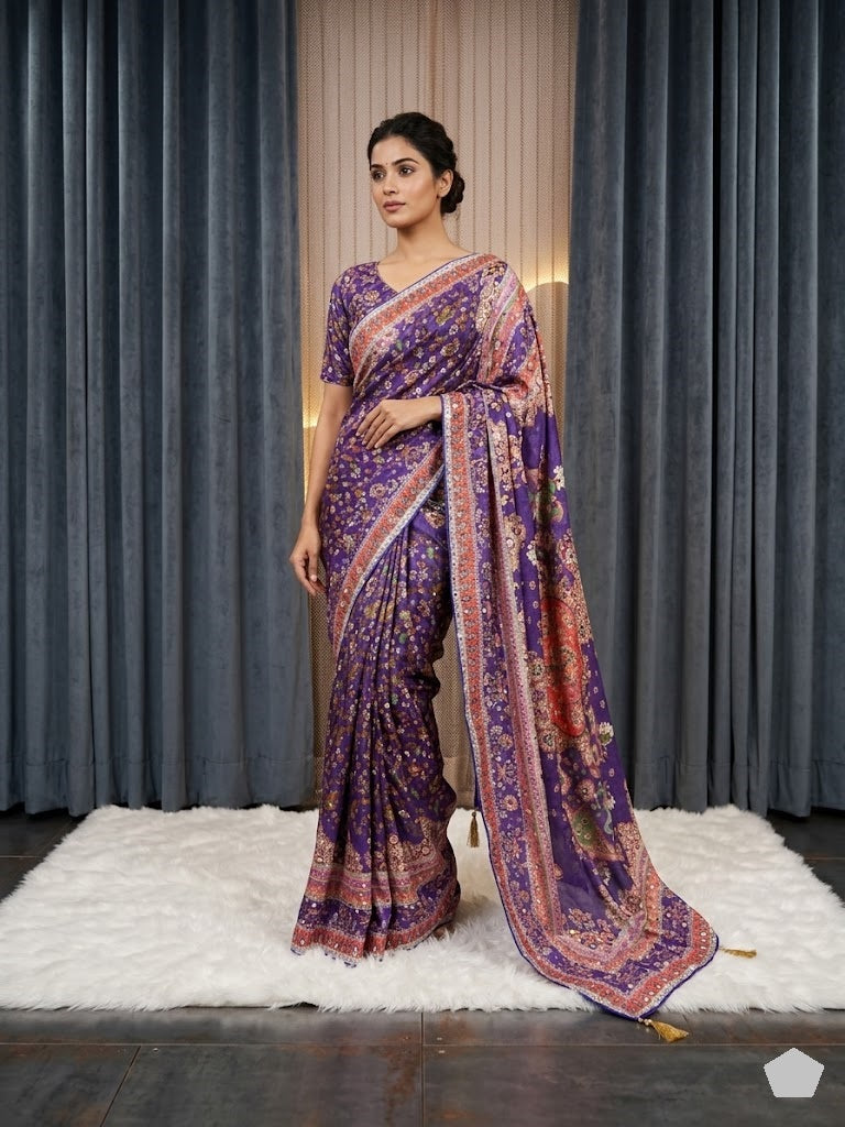 Designer Chinon Silk Saree with Piping Border, Latkan Tassels & Authentic Mirror Work