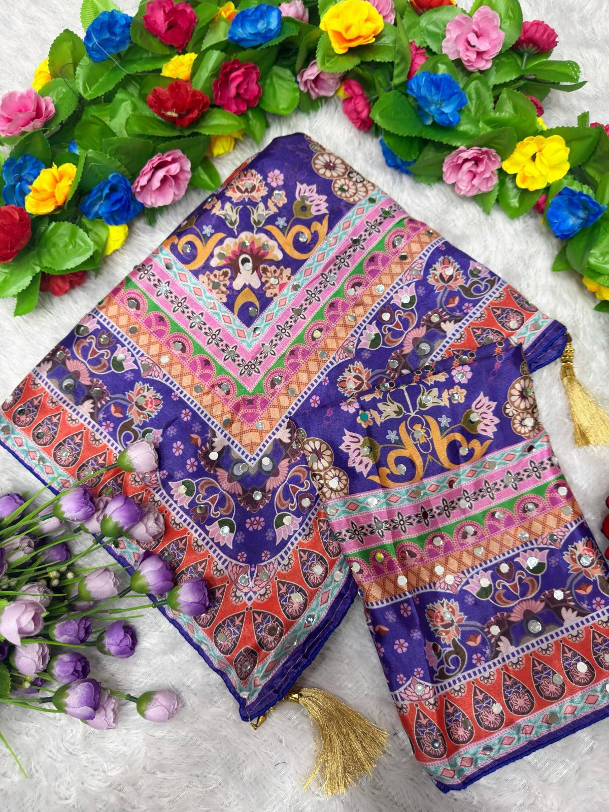 Designer Chinon Silk Saree with Piping Border, Latkan Tassels & Authentic Mirror Work
