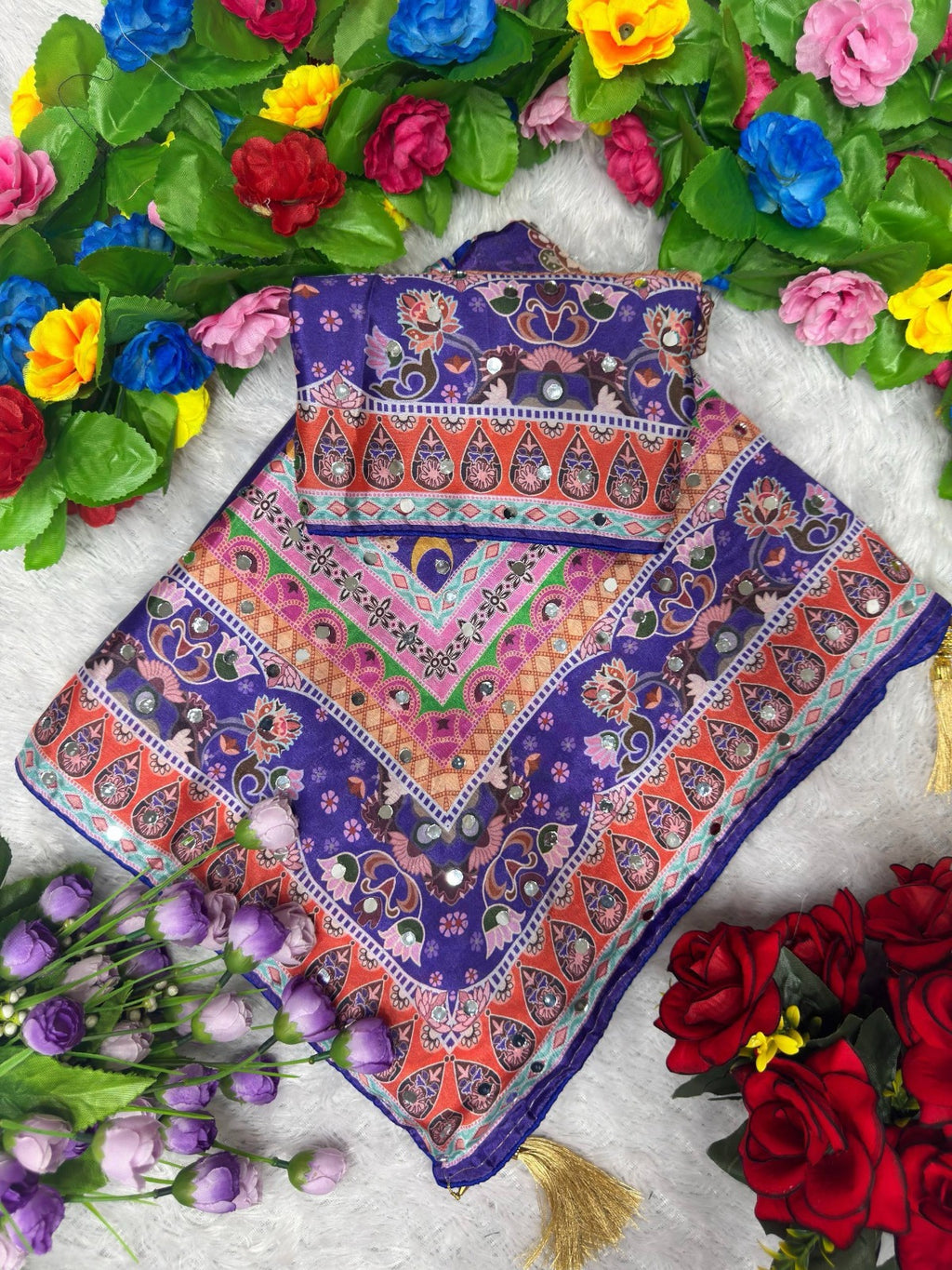 Designer Chinon Silk Saree with Piping Border, Latkan Tassels & Authentic Mirror Work