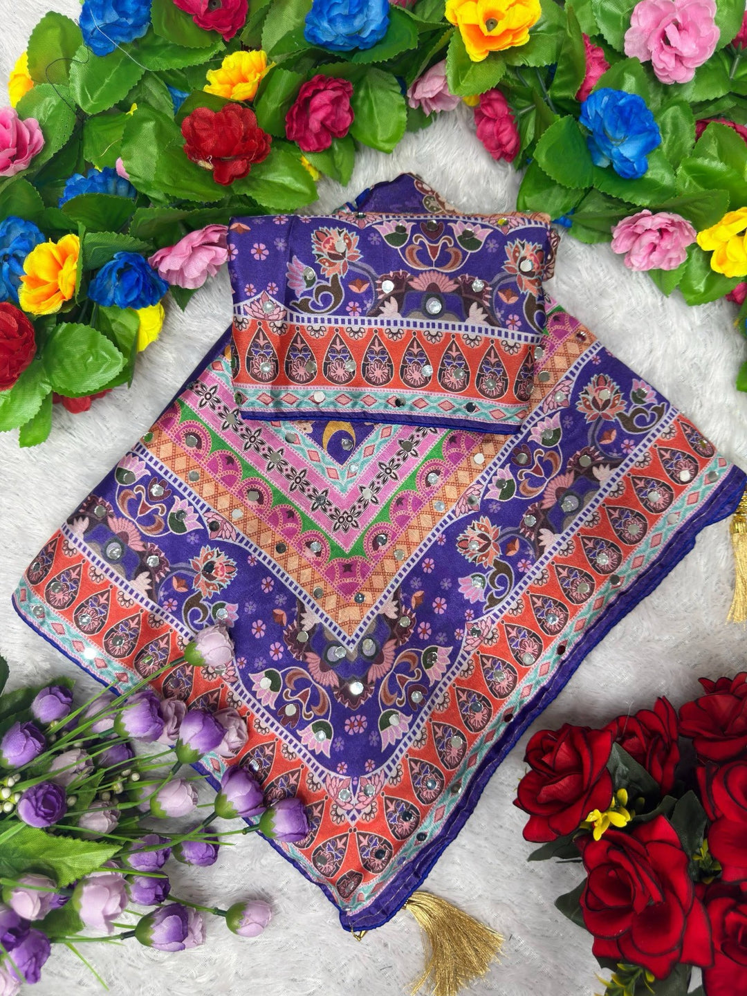 Designer Chinon Silk Saree with Piping Border, Latkan Tassels & Authentic Mirror Work