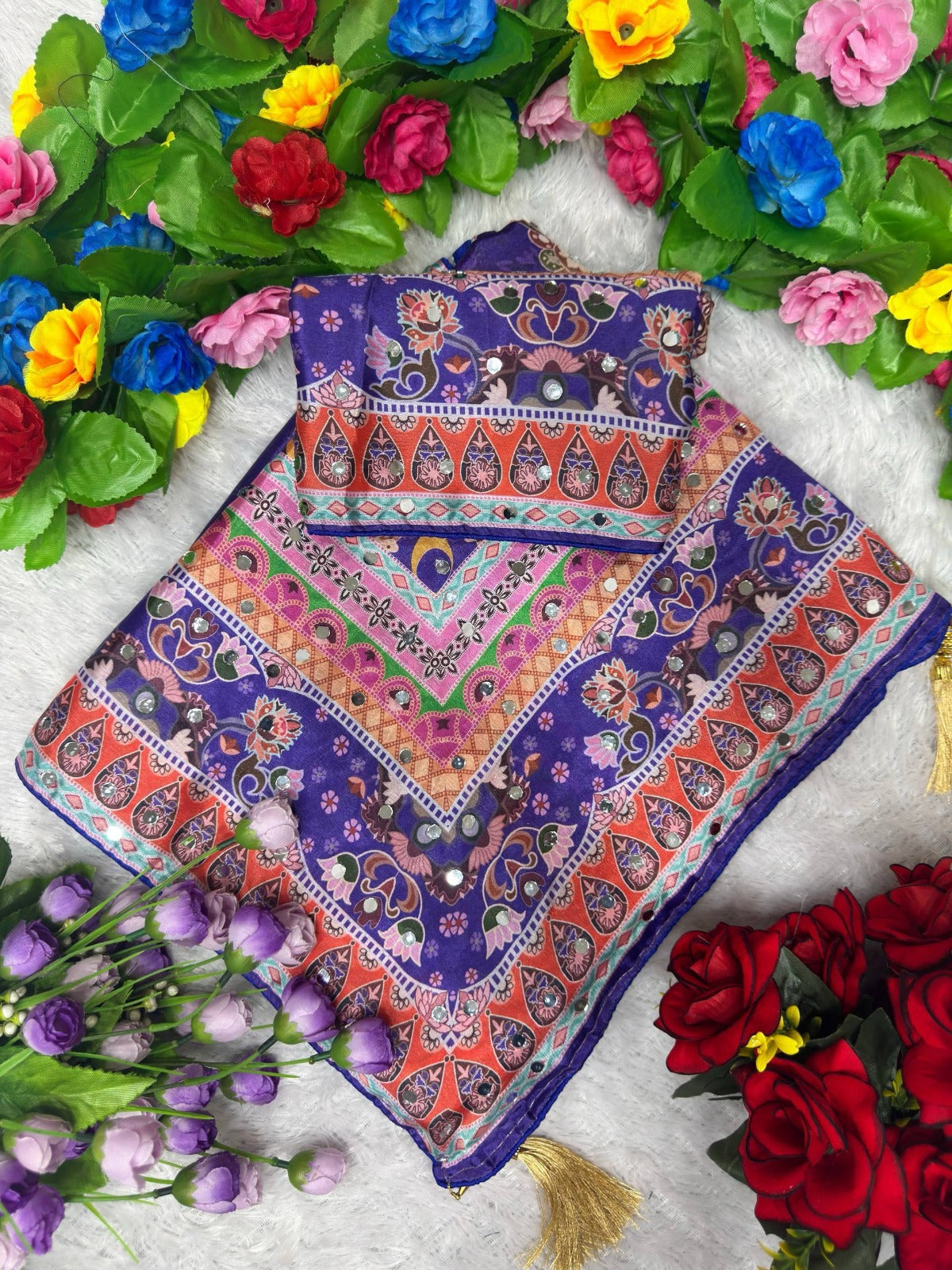 Designer Chinon Silk Saree with Piping Border, Latkan Tassels & Authentic Mirror Work