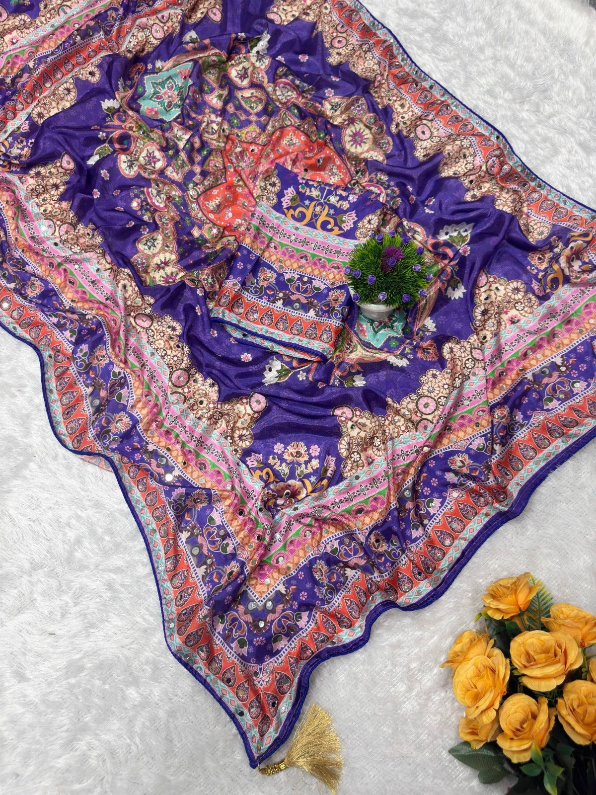 Designer Chinon Silk Saree with Piping Border, Latkan Tassels & Authentic Mirror Work