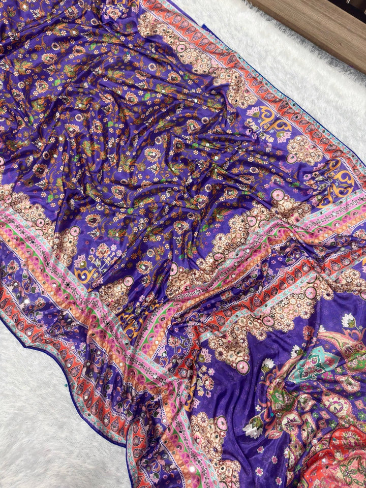 Designer Chinon Silk Saree with Piping Border, Latkan Tassels & Authentic Mirror Work