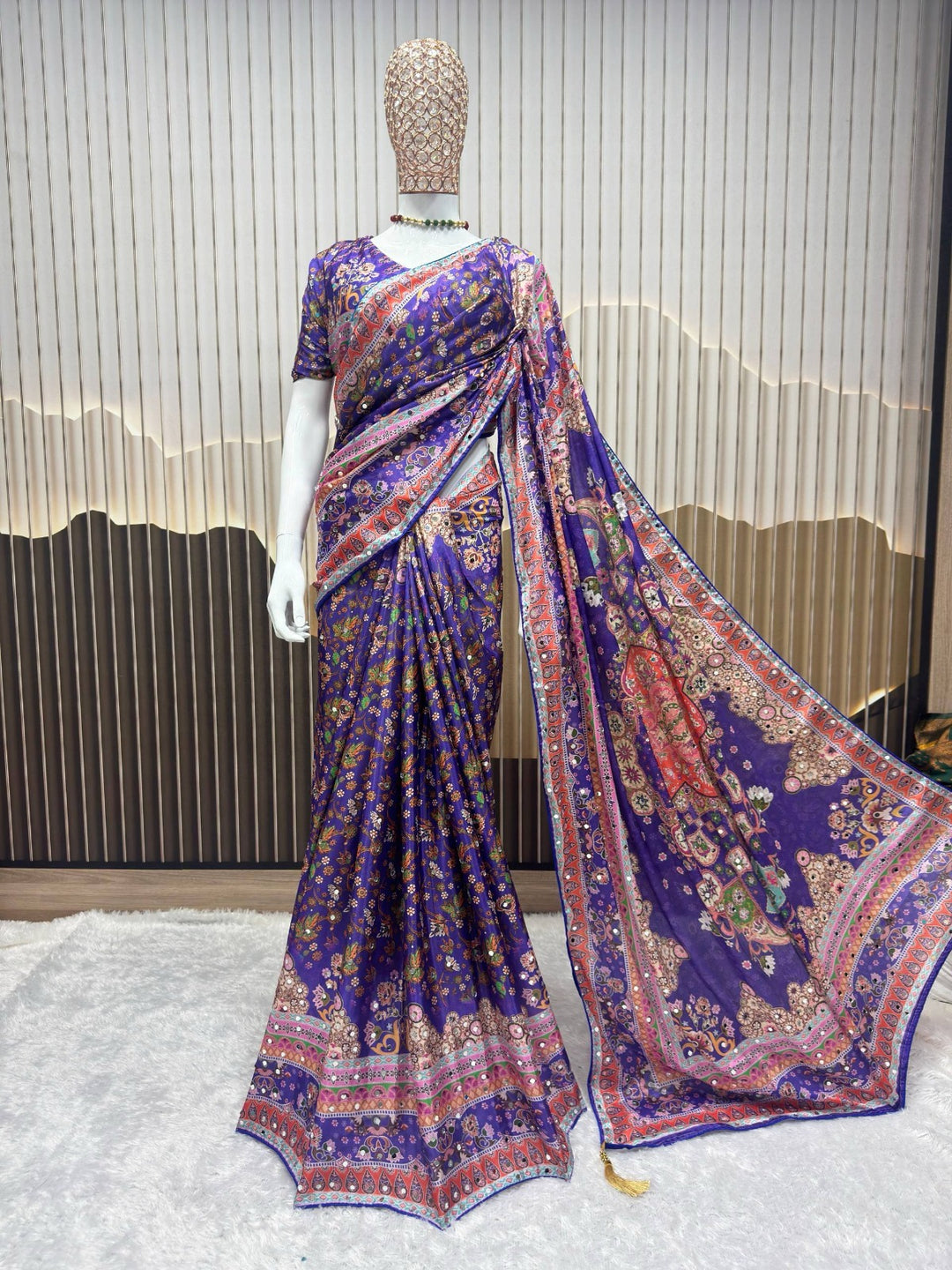 Designer Chinon Silk Saree with Piping Border, Latkan Tassels & Authentic Mirror Work