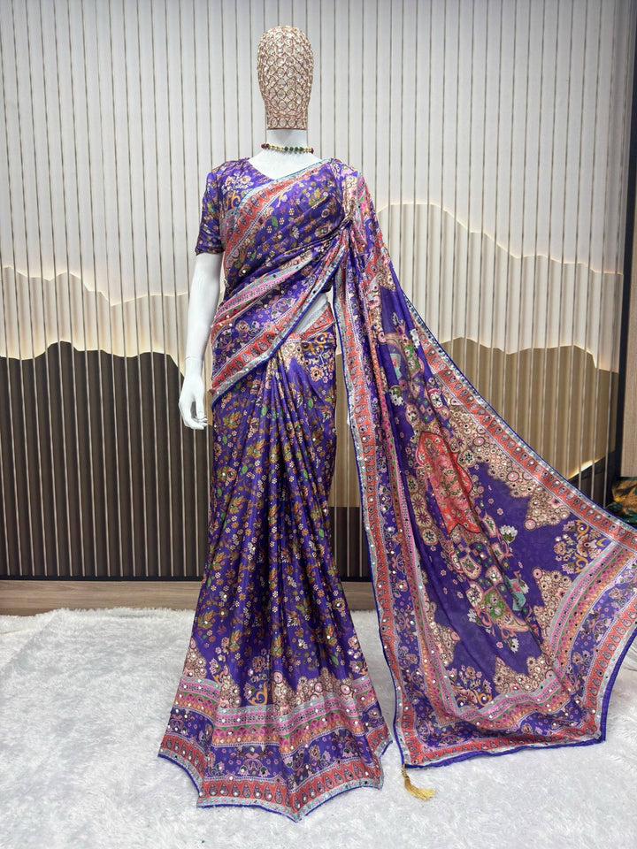 Designer Chinon Silk Saree with Piping Border, Latkan Tassels & Authentic Mirror Work