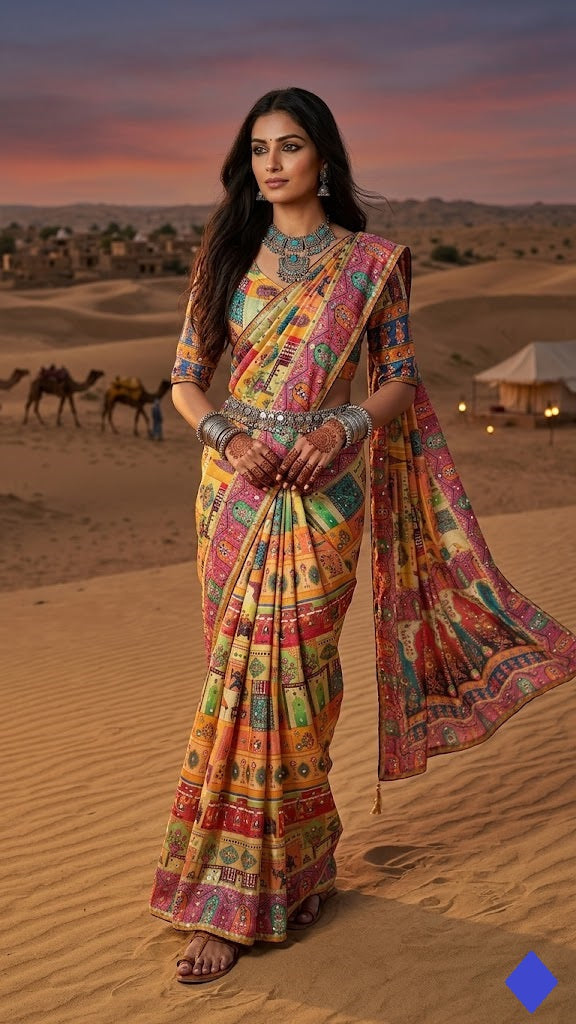 Designer Chinon Silk Saree Printed with Piping Border, Latkan Tassels & Authentic Mirror Work