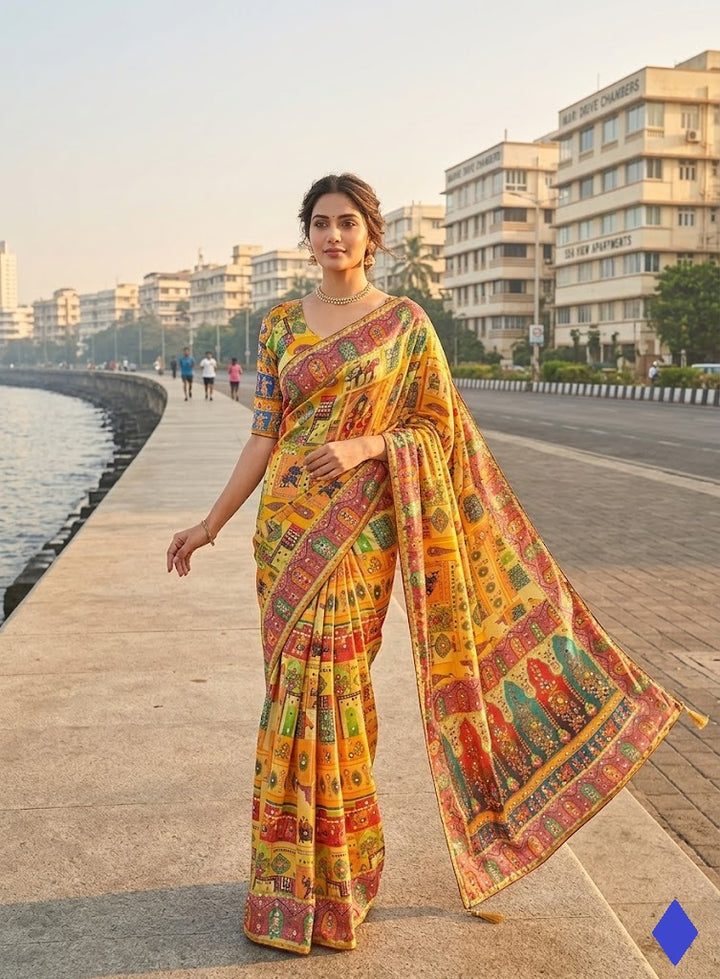 Designer Chinon Silk Saree Printed with Piping Border, Latkan Tassels & Authentic Mirror Work
