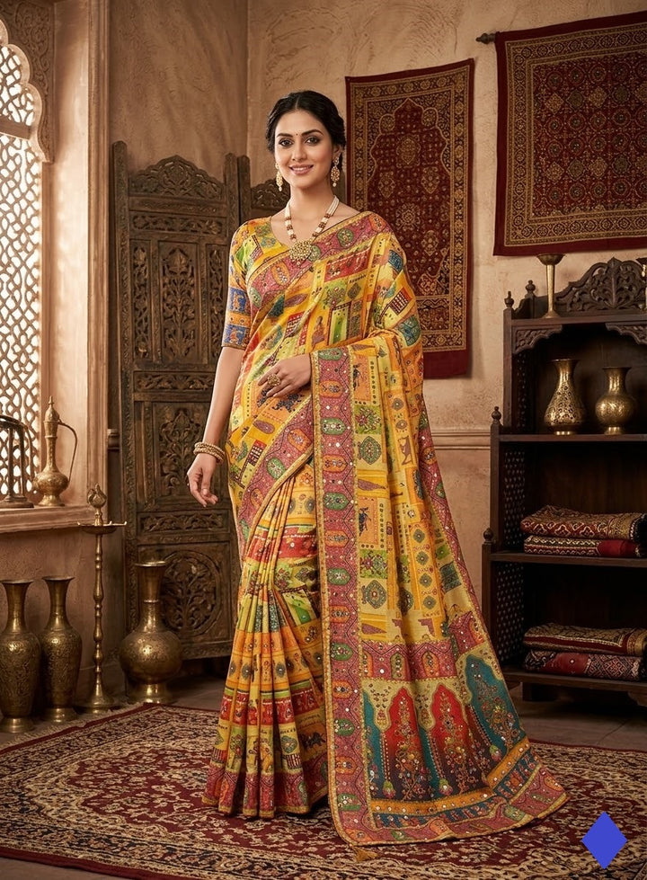 Designer Chinon Silk Saree Printed with Piping Border, Latkan Tassels & Authentic Mirror Work