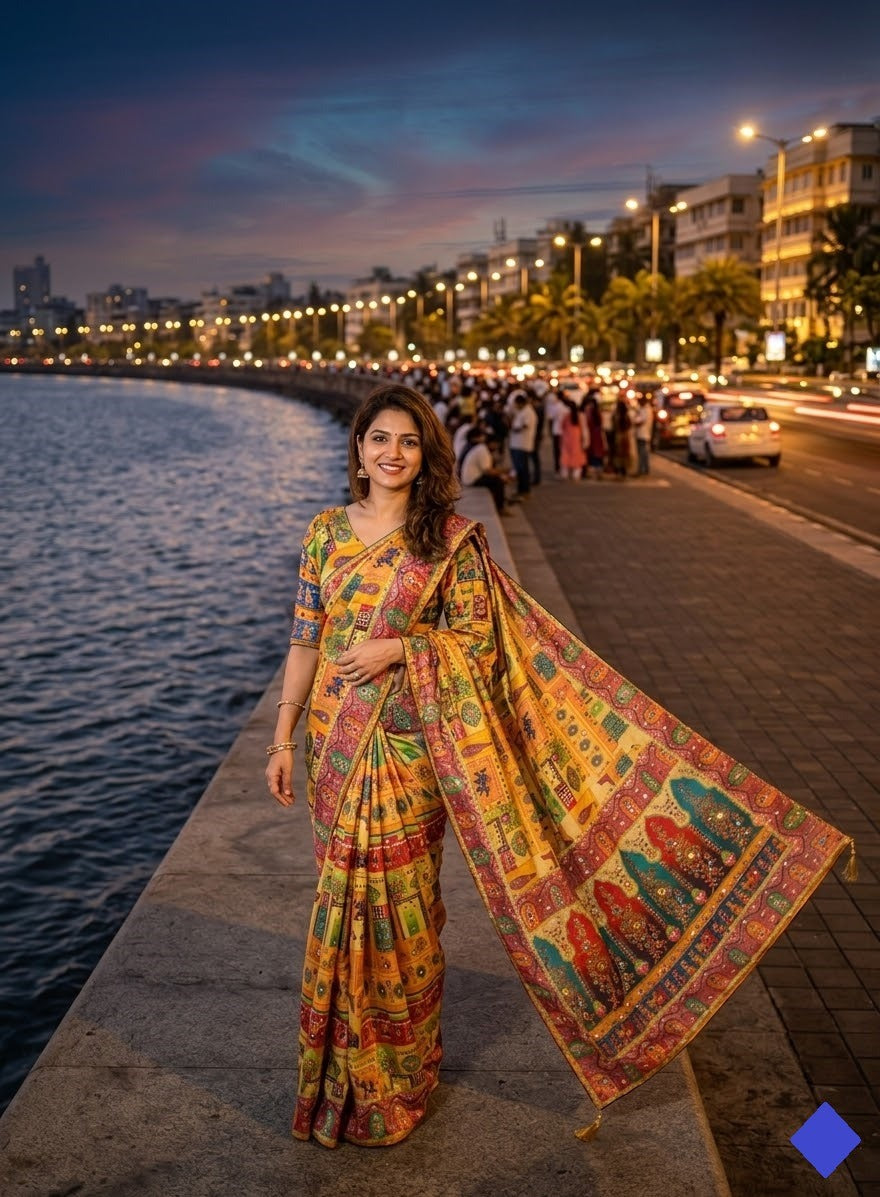 Designer Chinon Silk Saree Printed with Piping Border, Latkan Tassels & Authentic Mirror Work