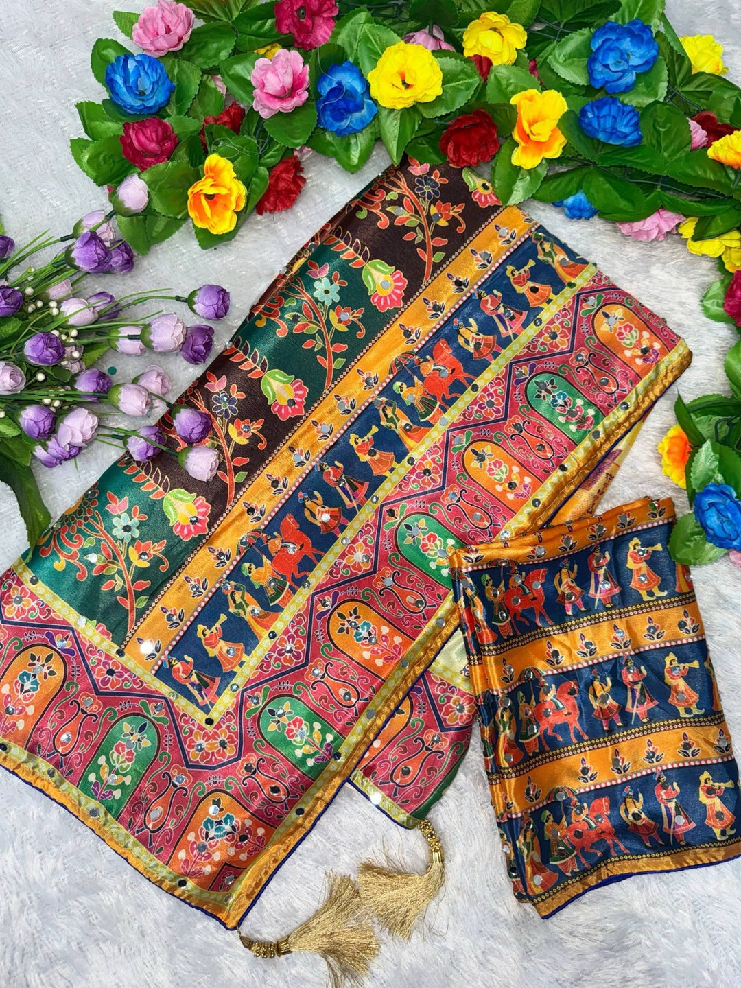 Designer Chinon Silk Saree Printed with Piping Border, Latkan Tassels & Authentic Mirror Work