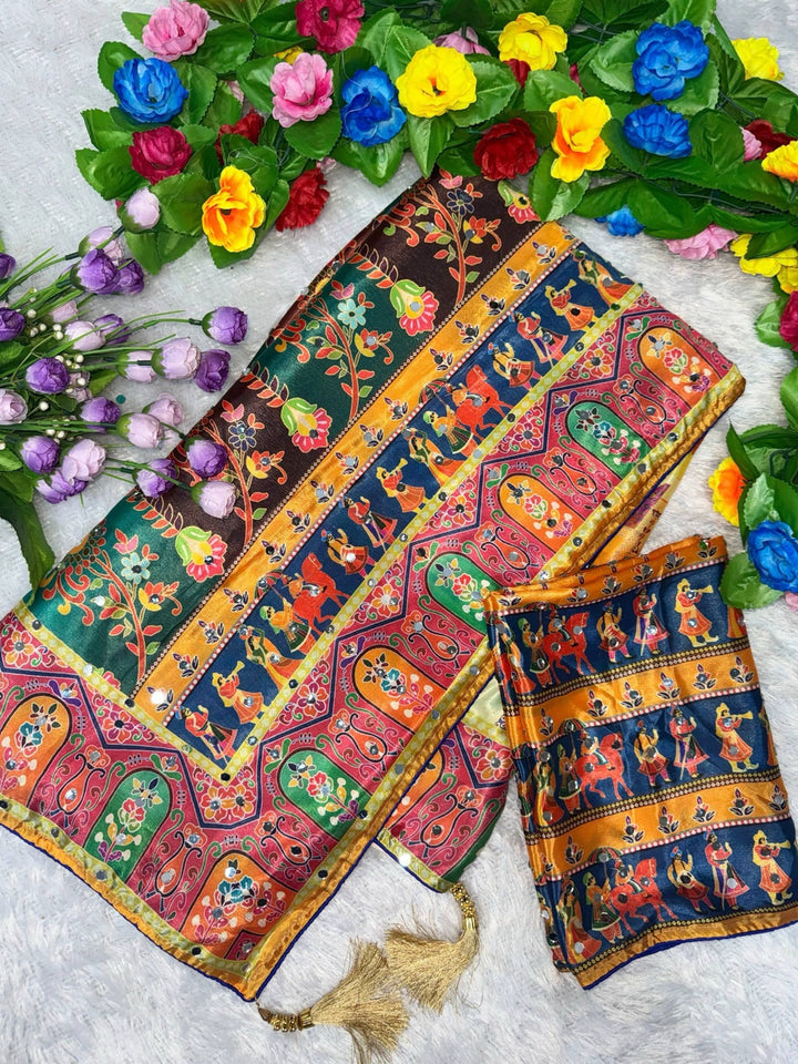 Designer Chinon Silk Saree Printed with Piping Border, Latkan Tassels & Authentic Mirror Work