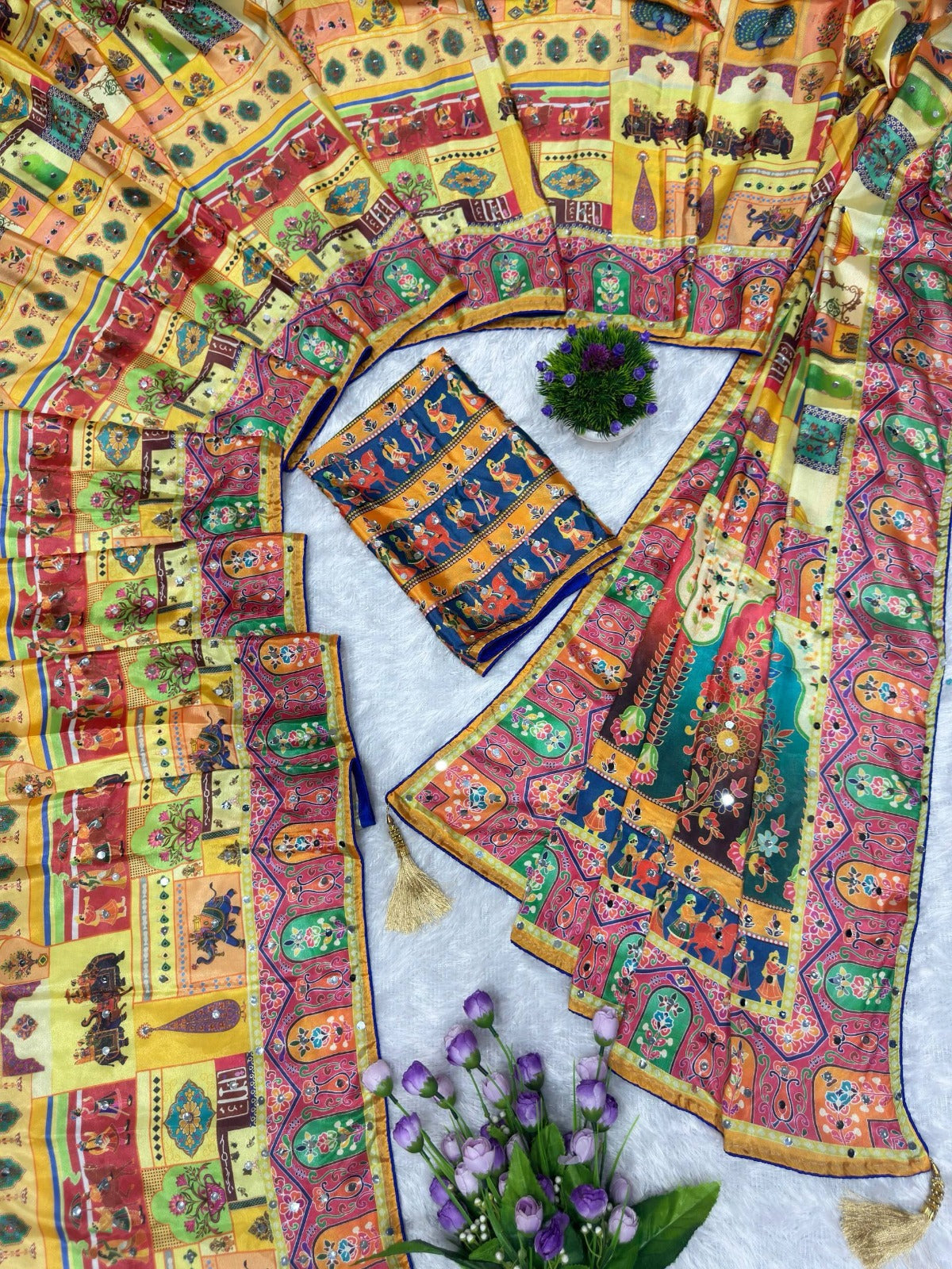 Designer Chinon Silk Saree Printed with Piping Border, Latkan Tassels & Authentic Mirror Work