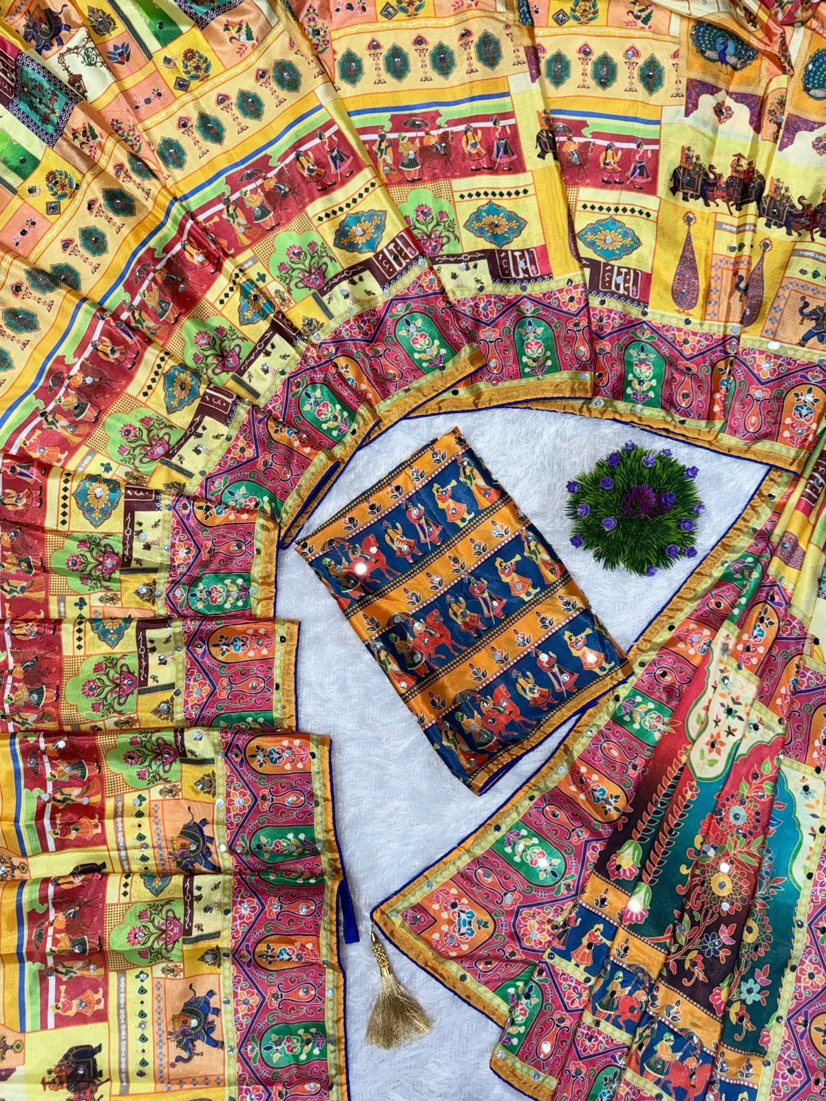 Designer Chinon Silk Saree Printed with Piping Border, Latkan Tassels & Authentic Mirror Work