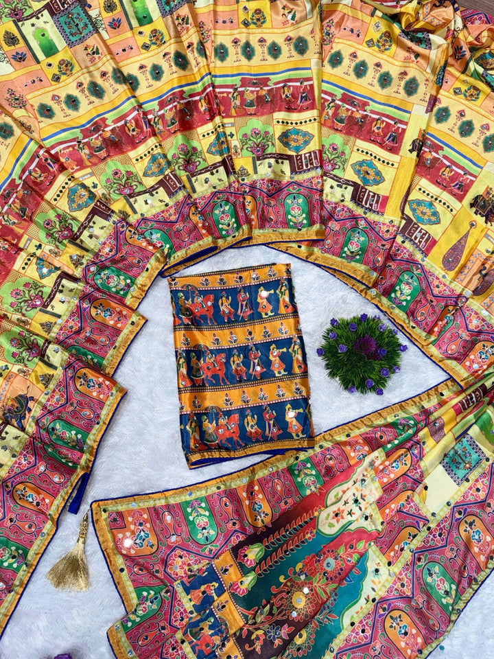 Designer Chinon Silk Saree Printed with Piping Border, Latkan Tassels & Authentic Mirror Work
