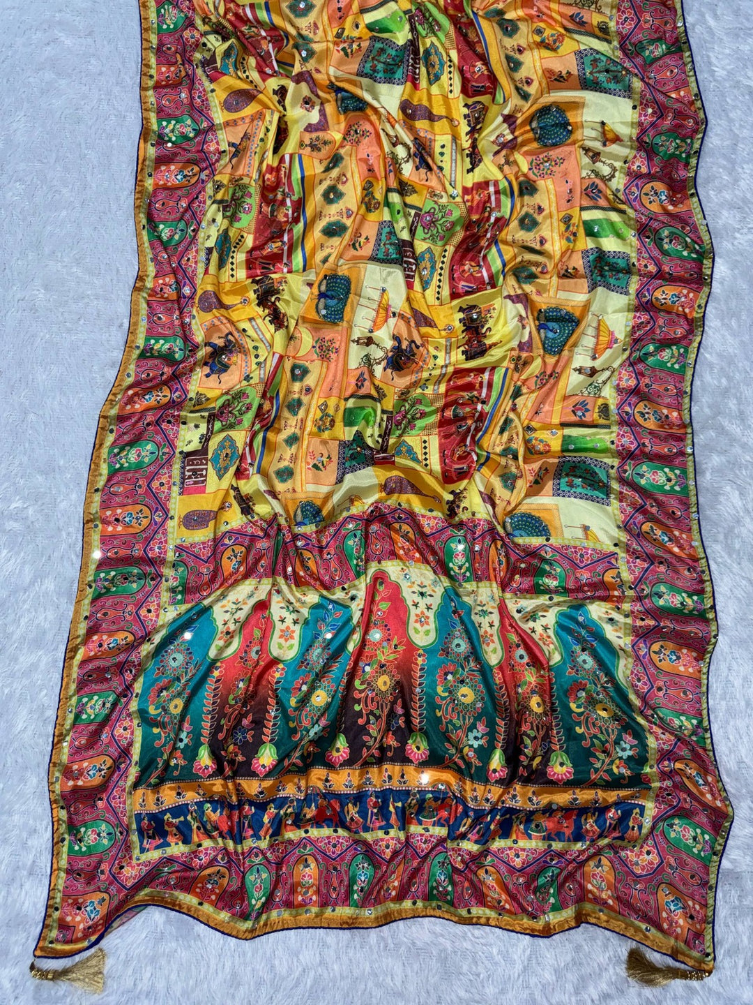 Designer Chinon Silk Saree Printed with Piping Border, Latkan Tassels & Authentic Mirror Work