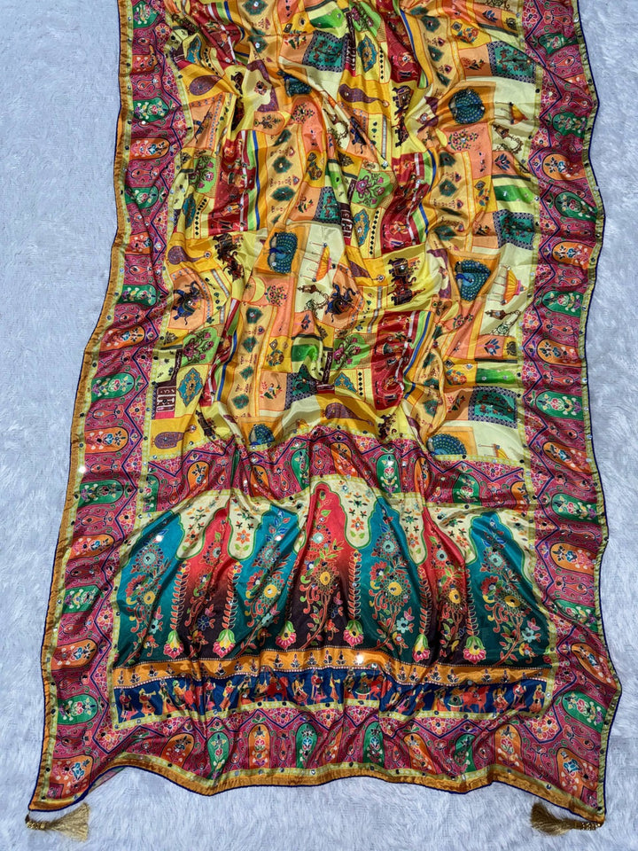 Designer Chinon Silk Saree Printed with Piping Border, Latkan Tassels & Authentic Mirror Work