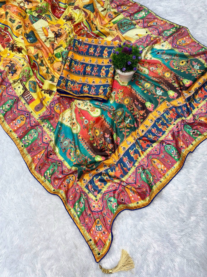 Designer Chinon Silk Saree Printed with Piping Border, Latkan Tassels & Authentic Mirror Work