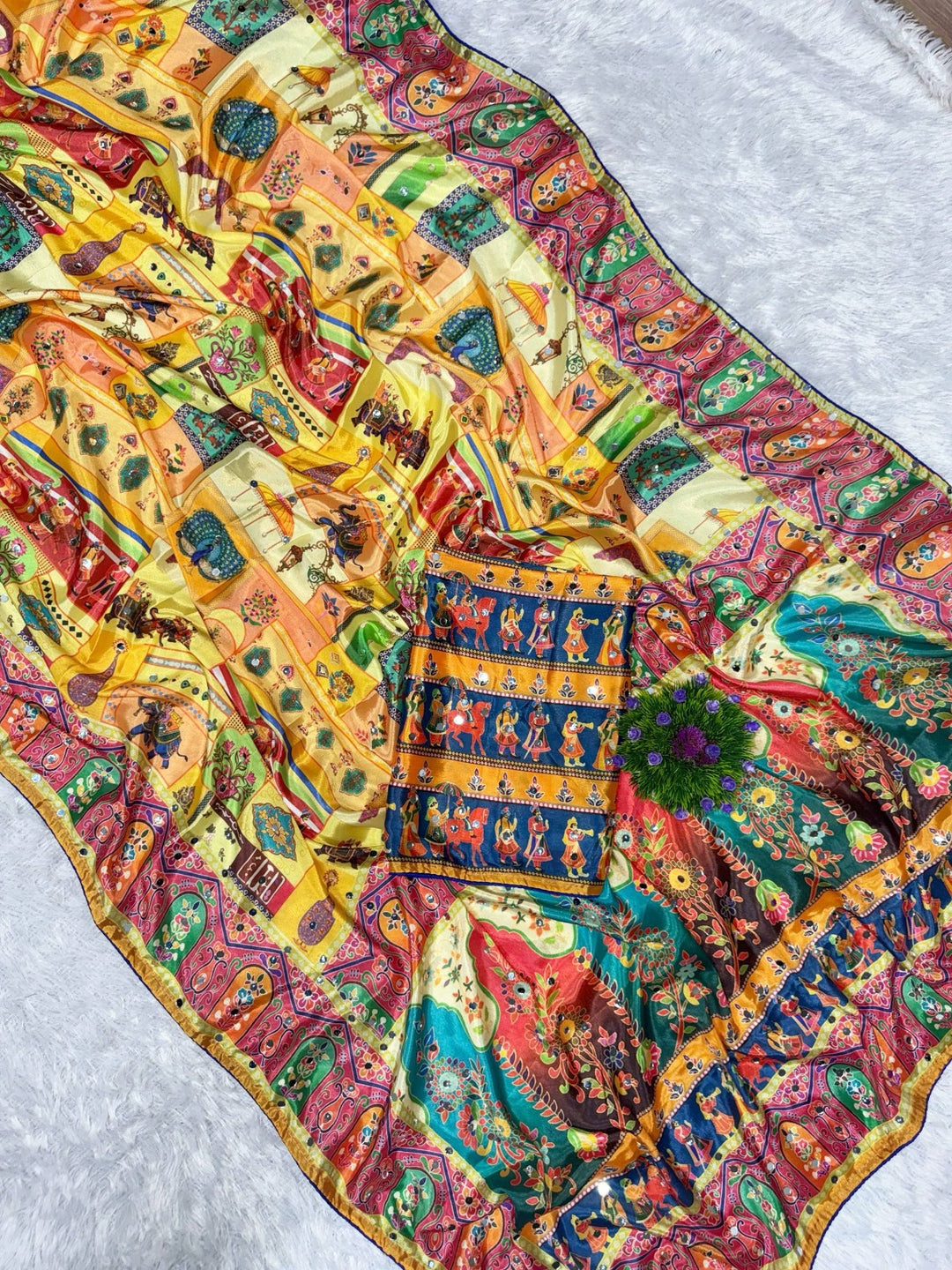 Designer Chinon Silk Saree Printed with Piping Border, Latkan Tassels & Authentic Mirror Work