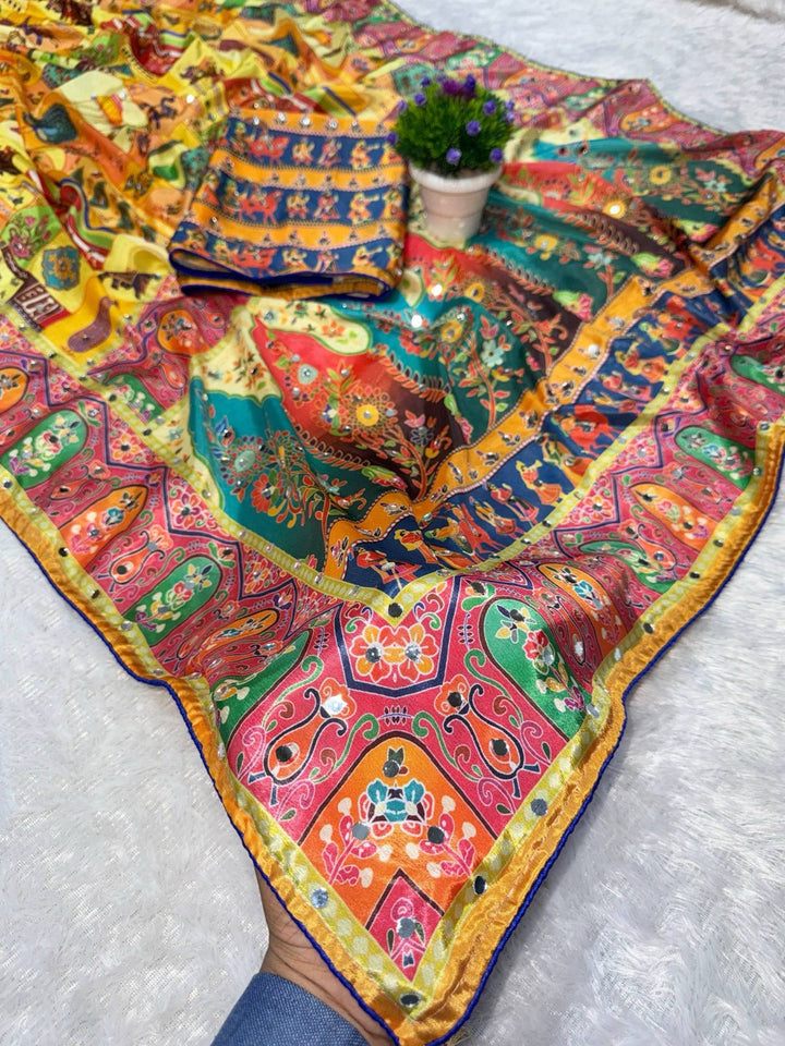Designer Chinon Silk Saree Printed with Piping Border, Latkan Tassels & Authentic Mirror Work