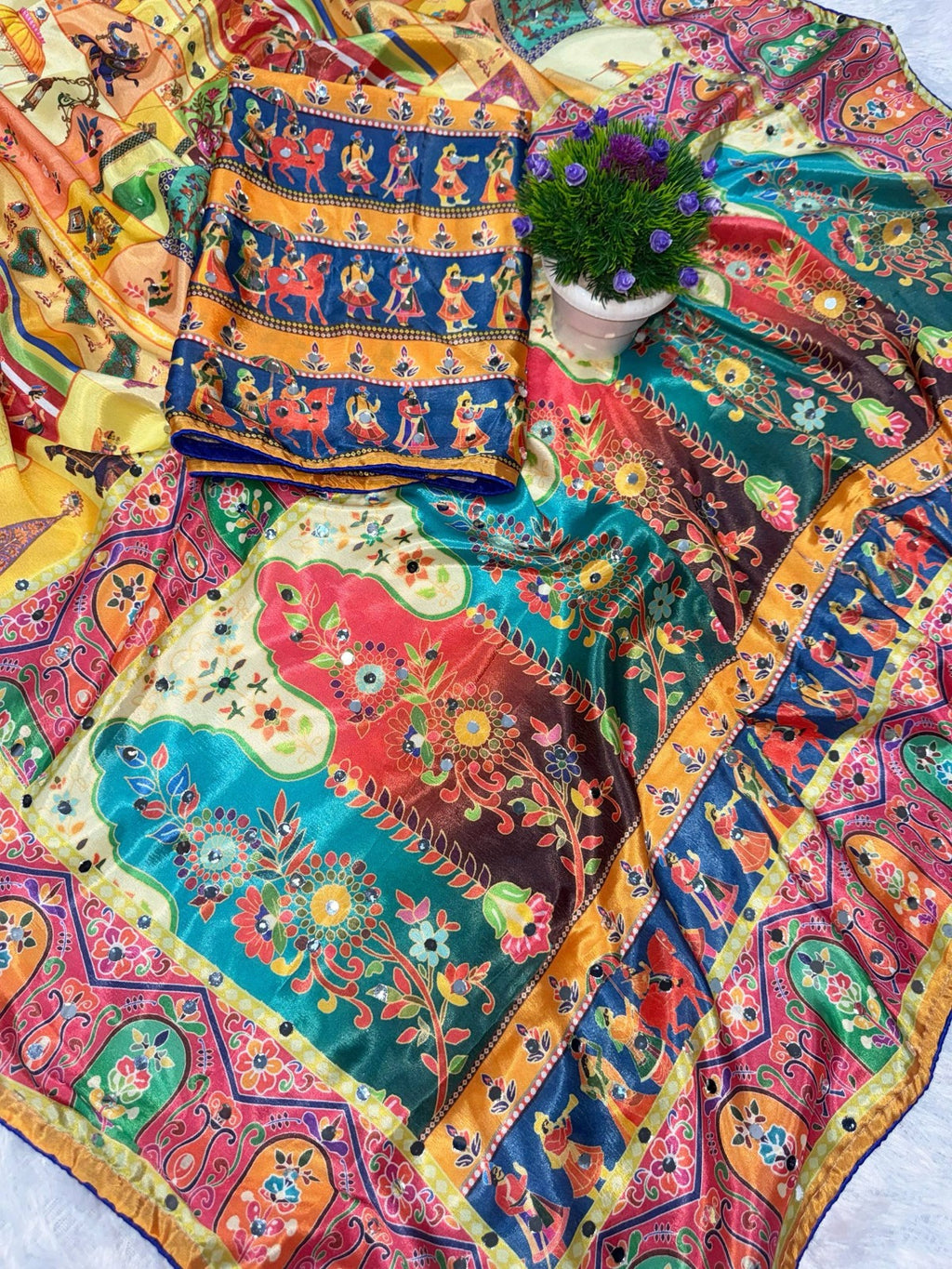 Designer Chinon Silk Saree Printed with Piping Border, Latkan Tassels & Authentic Mirror Work