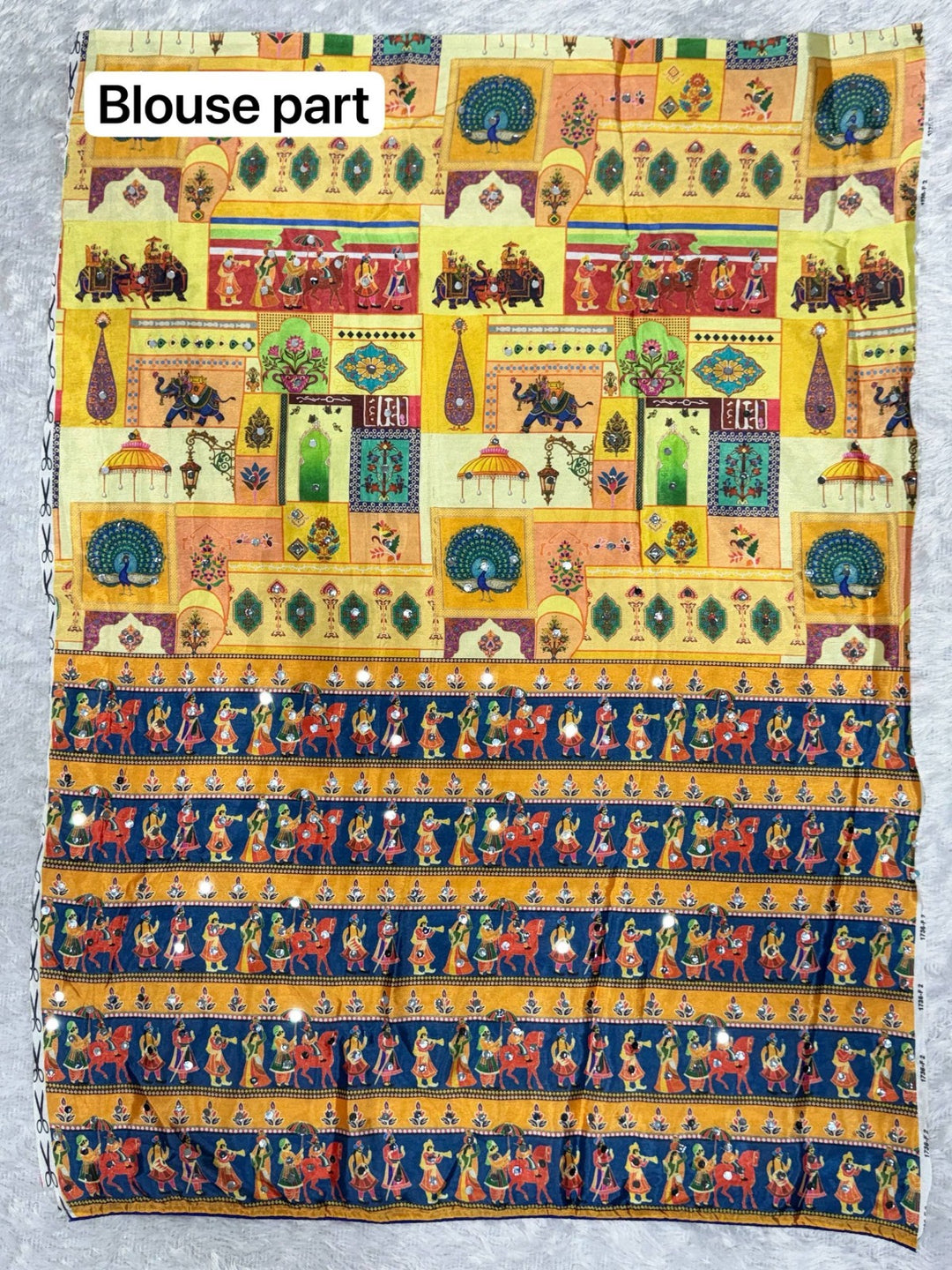 Designer Chinon Silk Saree Printed with Piping Border, Latkan Tassels & Authentic Mirror Work