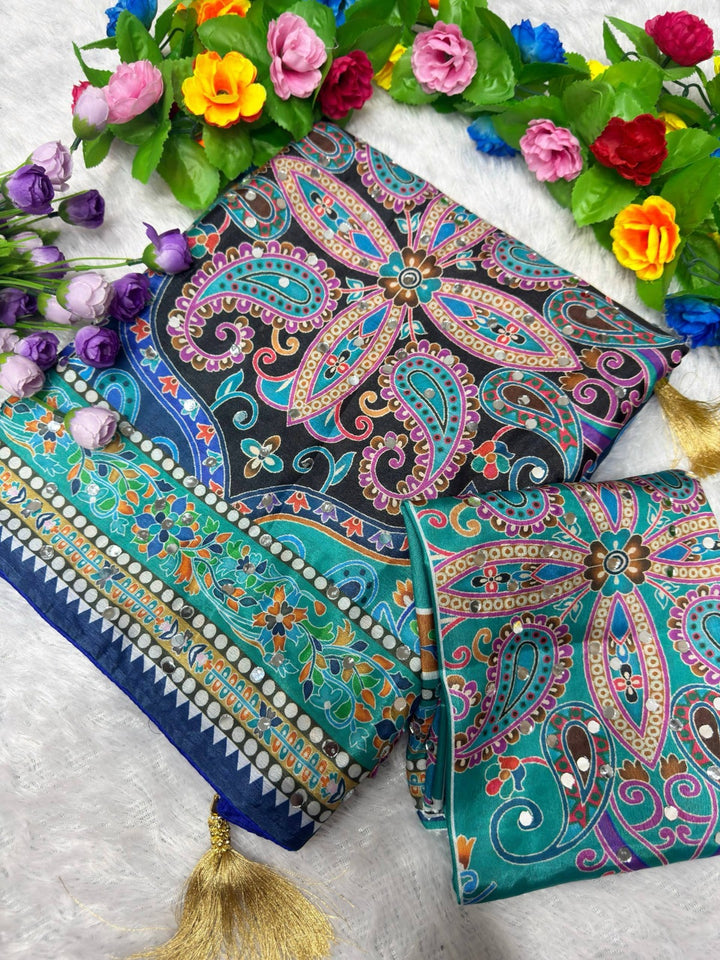 Designer Chinon Silk Digital Printing Saree with Piping Border, Authentic Mirror Work