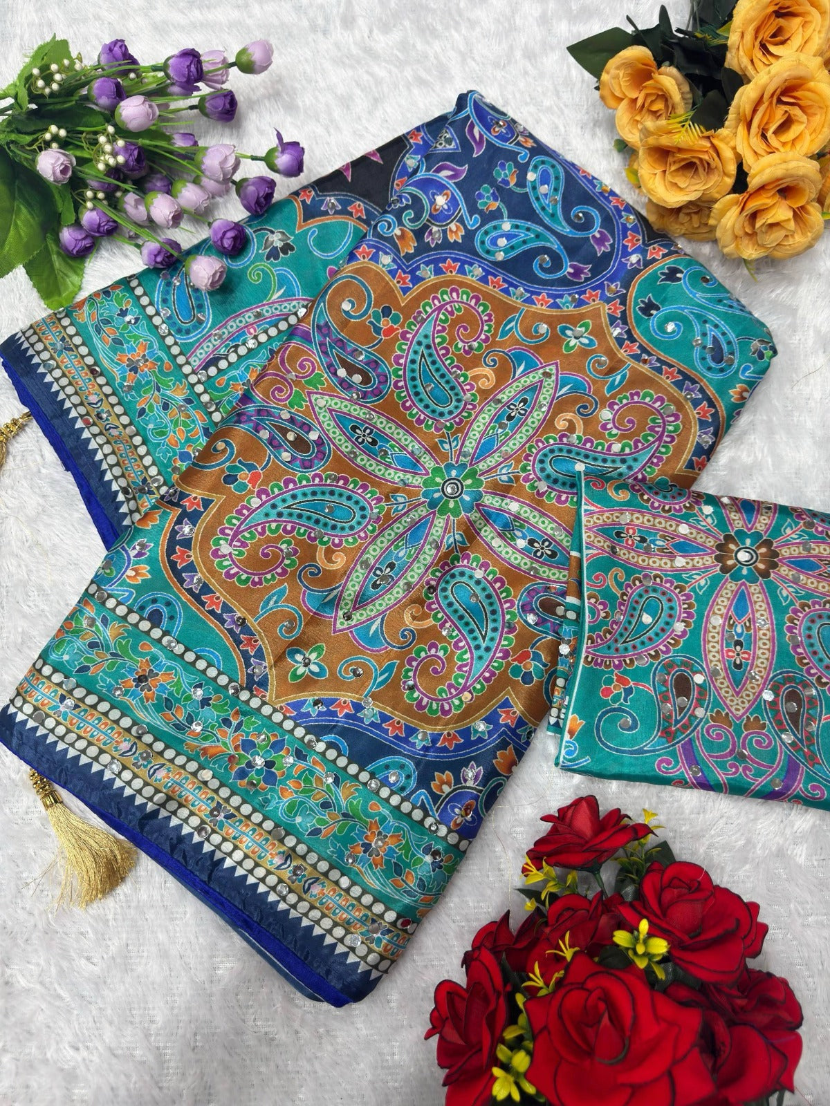 Designer Chinon Silk Digital Printing Saree with Piping Border, Authentic Mirror Work