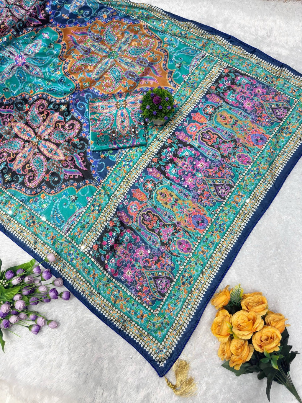 Designer Chinon Silk Digital Printing Saree with Piping Border, Authentic Mirror Work