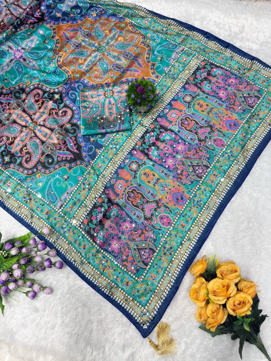 Designer Chinon Silk Digital Printing Saree with Piping Border, Authentic Mirror Work