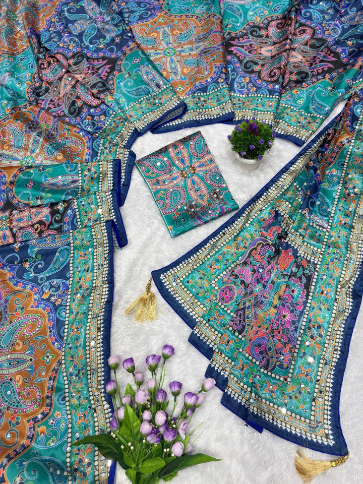 Designer Chinon Silk Digital Printing Saree with Piping Border, Authentic Mirror Work