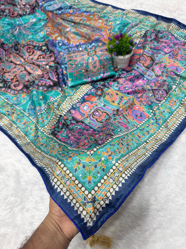 Designer Chinon Silk Digital Printing Saree with Piping Border, Authentic Mirror Work
