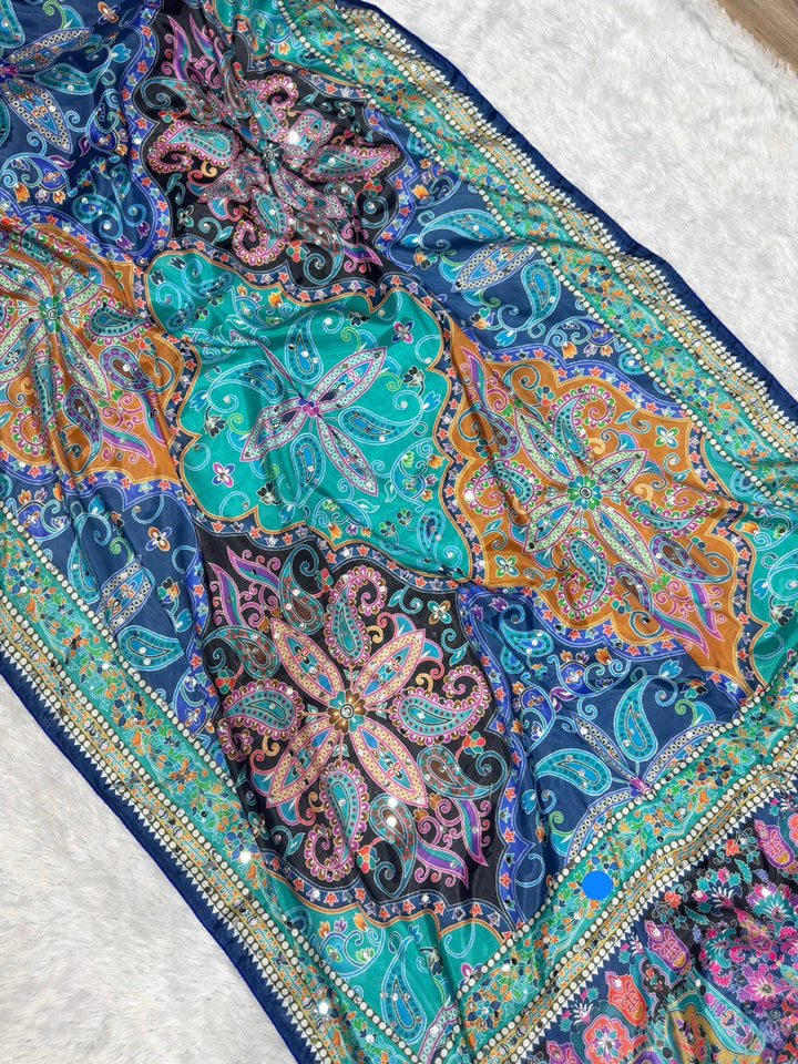 Designer Chinon Silk Digital Printing Saree with Piping Border, Authentic Mirror Work