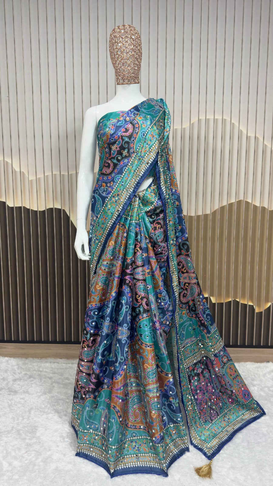 Designer Chinon Silk Digital Printing Saree with Piping Border, Authentic Mirror Work