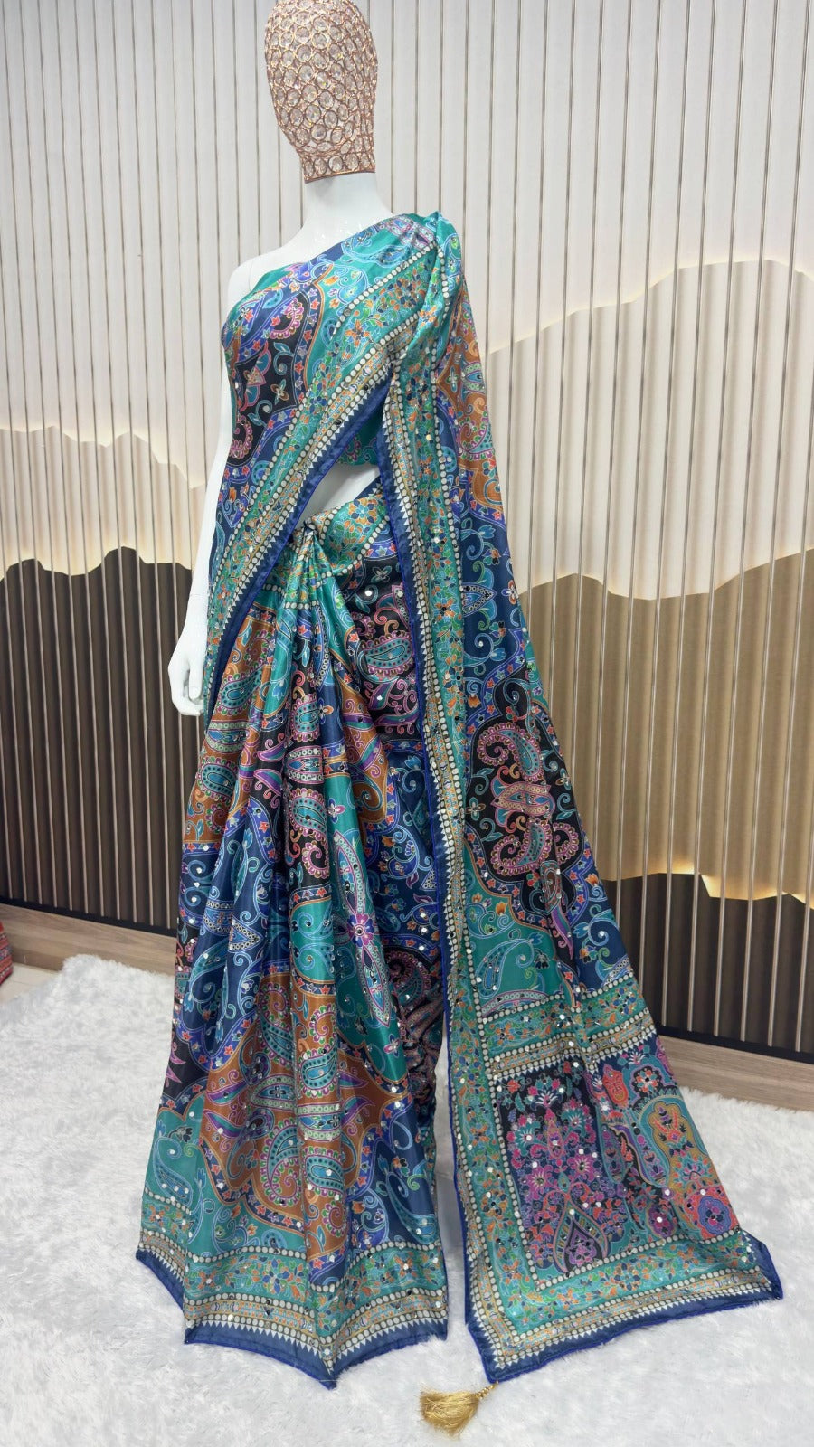 Designer Chinon Silk Digital Printing Saree with Piping Border, Authentic Mirror Work