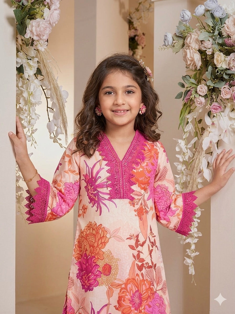 Astraloom Kids Girls Pink Floral Printed Cotton Top and Pant Set