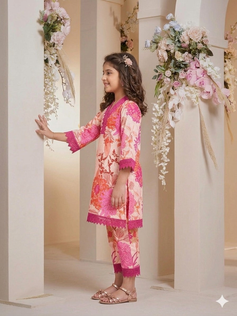 Astraloom Kids Girls Pink Floral Printed Cotton Top and Pant Set