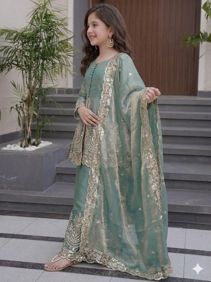 Kids Wear Attractive silk embroidery 3 Piece Kurta Set
