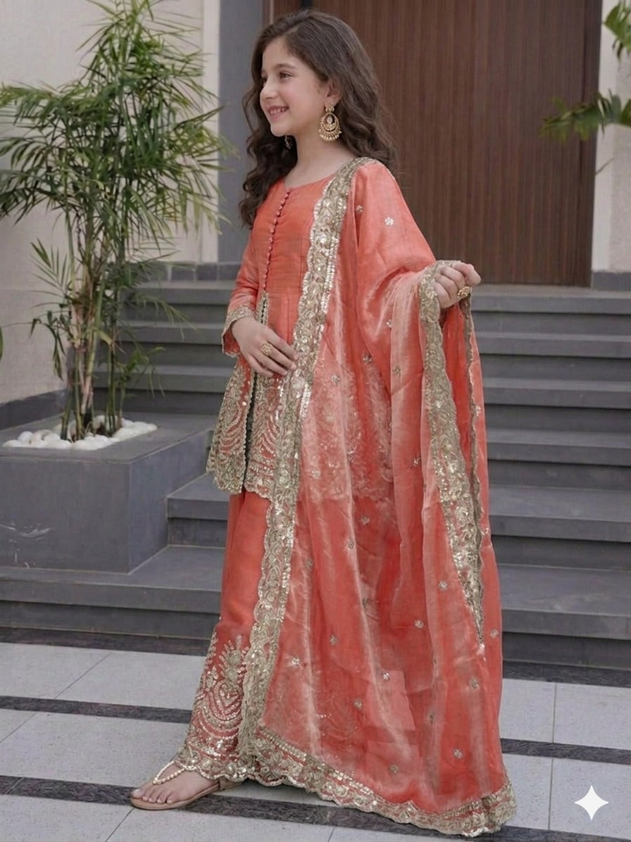 Kids Wear Attractive silk embroidery 3 Piece Kurta Set