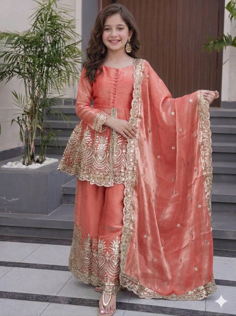 Kids Wear Attractive silk embroidery 3 Piece Kurta Set