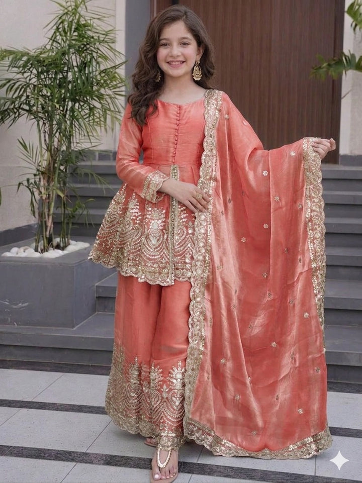 Kids Wear Attractive silk embroidery 3 Piece Kurta Set