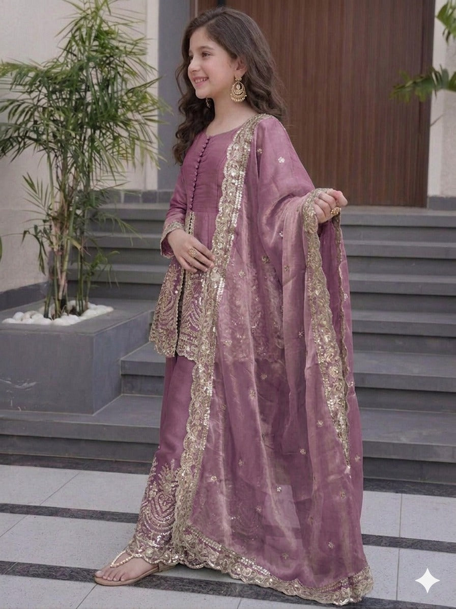 Kids Wear Attractive silk embroidery 3 Piece Kurta Set
