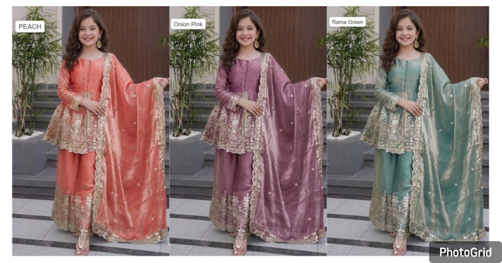 Kids Wear Attractive silk embroidery 3 Piece Kurta Set