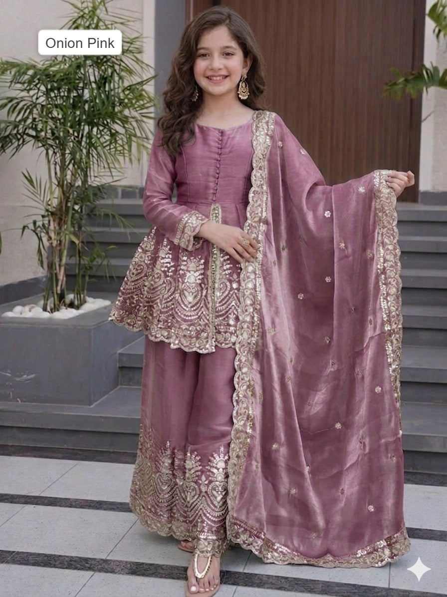 Kids Wear Attractive silk embroidery 3 Piece Kurta Set
