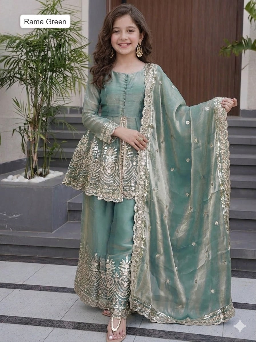 Kids Wear Attractive silk embroidery 3 Piece Kurta Set